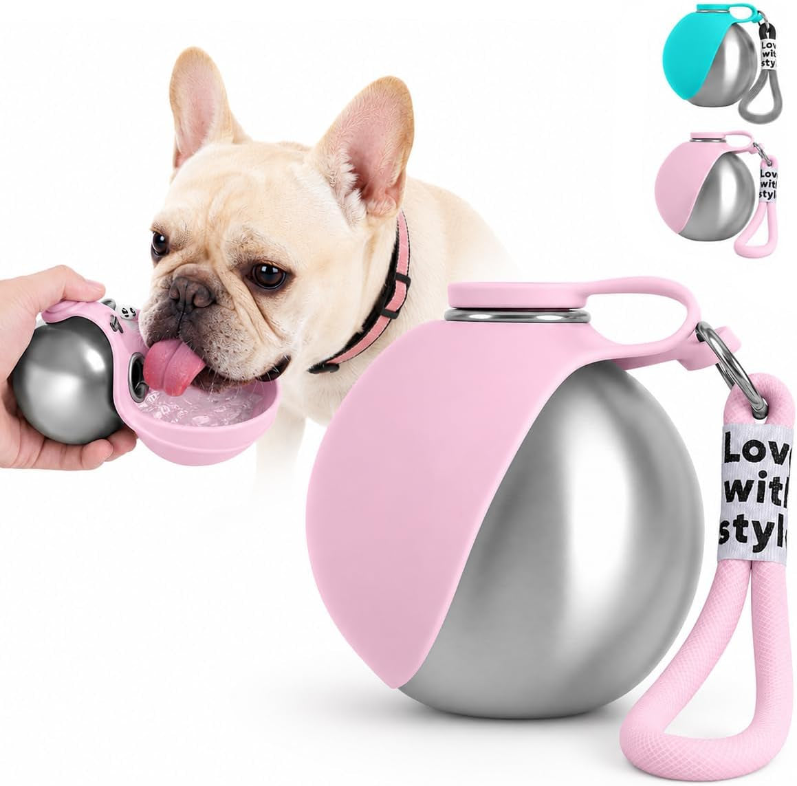 Portable Dog Water Bottle, 10 Oz Stainless Steel Pet Travel Dispenser with Silicone Foldable Bowl, Leak Proof Tumbler, Dog Walking Accessories for Hiking and Small Pets (Blue)