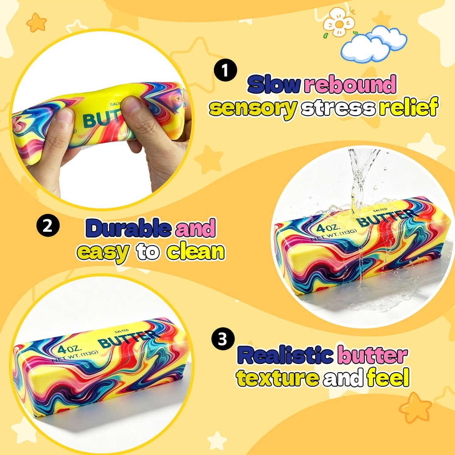 Butter Squishy, 2026 Newest Slow Rising Soft Squeeze Toy ,Realistic Butter Stick with Rainbow Wave, Non-Stick TPR for Office Desk Decor, Party Gift, Anxiety Stress Relief for Adults Kids (1PCS)