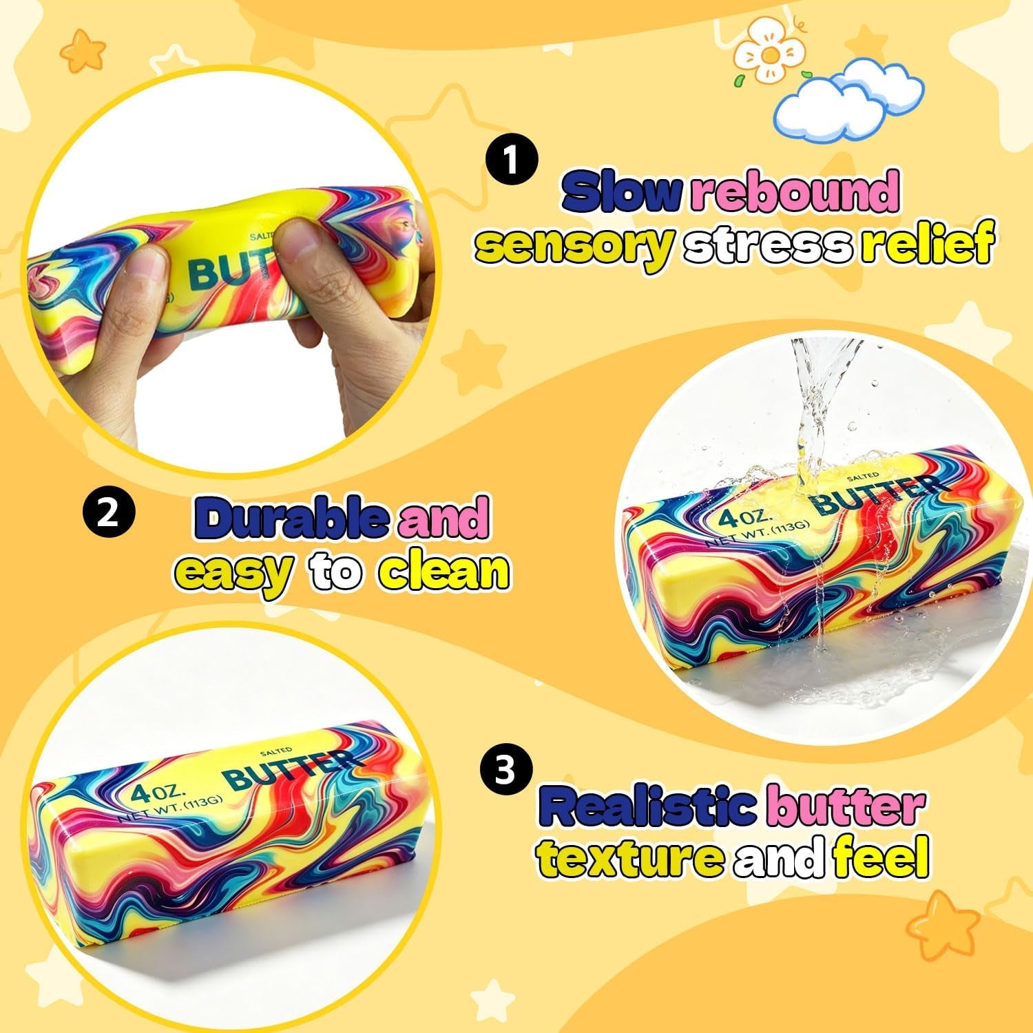 Butter Squishy, 2026 Newest Slow Rising Soft Squeeze Toy ,Realistic Butter Stick with Rainbow Wave, Non-Stick TPR for Office Desk Decor, Party Gift, Anxiety Stress Relief for Adults Kids (1PCS)